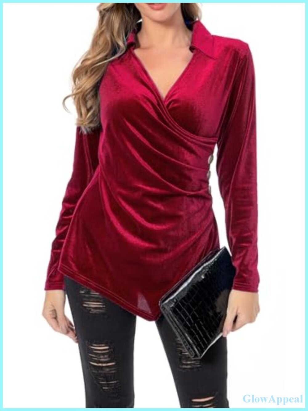 Womens Velvet Long Sleeve V-Neck Wrap Blouse Ruched Asymmetrical Hem